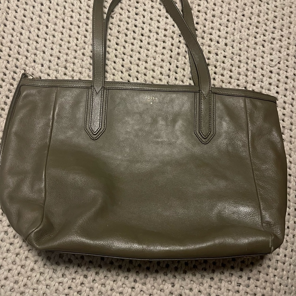 Fossil brown/Green Leather Tote Structured Design
